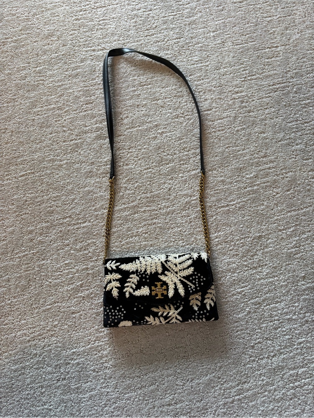 Tory Burch Black and White Floral Beaded Crossbody